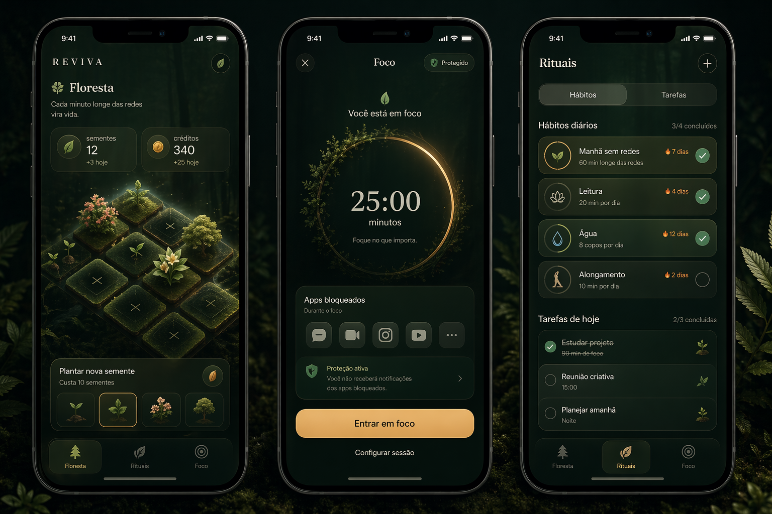 Prévia conceitual com três telas do app Reviva: floresta, foco e rituais.